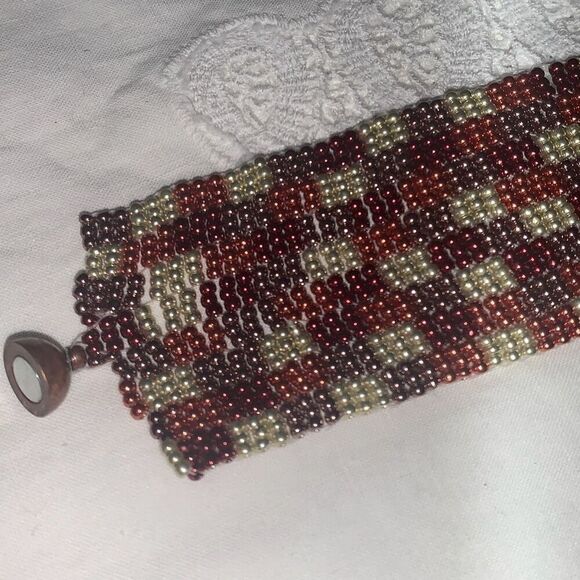 Vintage Handmade Seed Bead Copper Tone Patchwork Bracelet - Picture 3 of 13